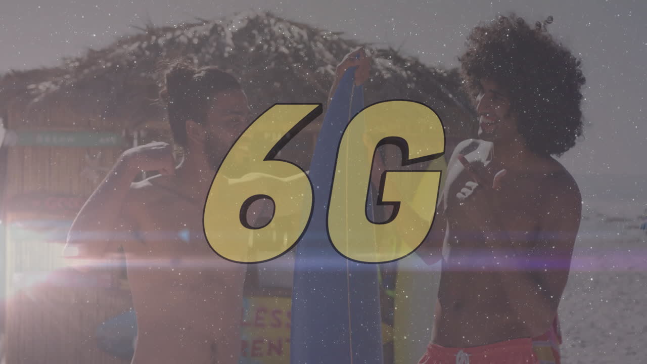 Holding surfboards with 6G text overlay, two people on beach with animation
