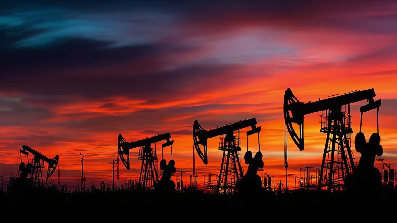 Siluetas de bombas de petróleo contra un atardecer impresionante: Una exhibición dramática de maquinaria industrial en medio de vívidos colores del cielo.