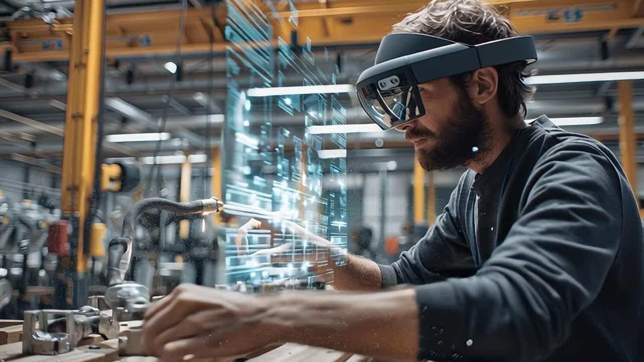 Worker using augmented reality in high-tech manufacturing facility