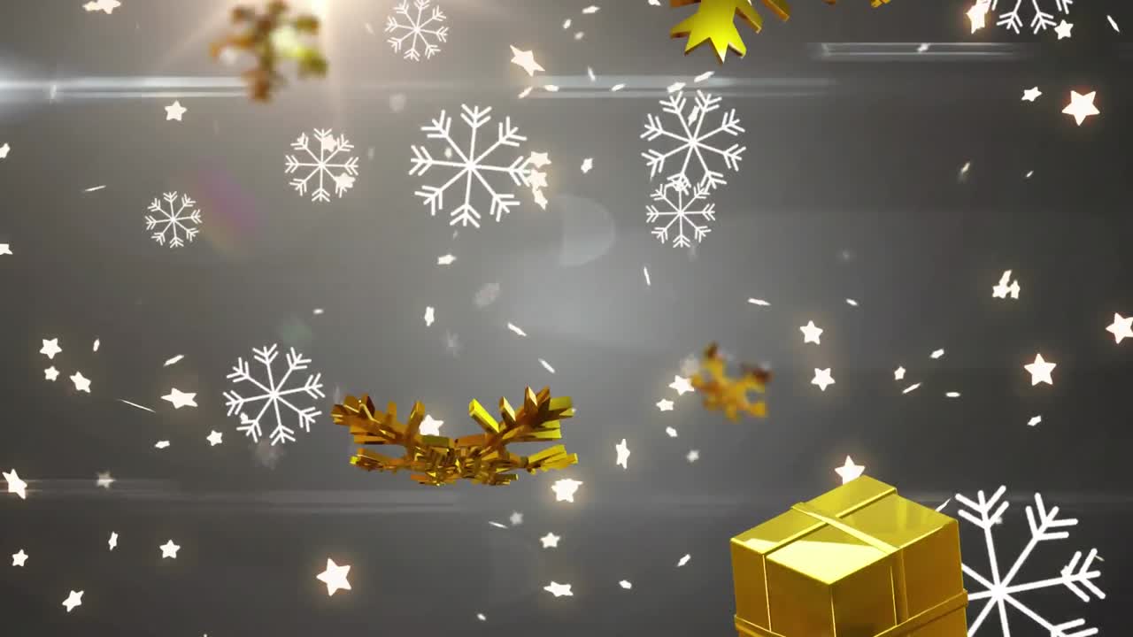 animación de estrellas doradas de navidad y regalos que caen sobre un fondo gris