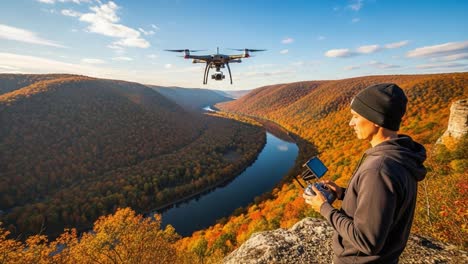 adventure in autumn: a drone pilot capturing scenic views over majestic river valleys surrounded by vibrant fall foliage and breathtaking landscapes