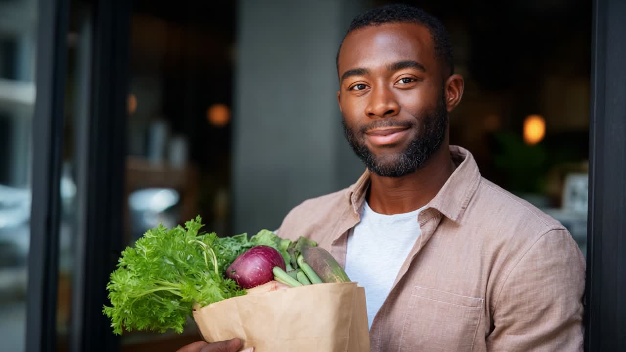 A Cheerful Man Holding a Fresh Grocery Bag Filled with Organic Vegetables and Greens, Smiling Brightly as He Stands in Front of a Modern Storefront, Sharing His Love for Healthy Eating and Sustainability
