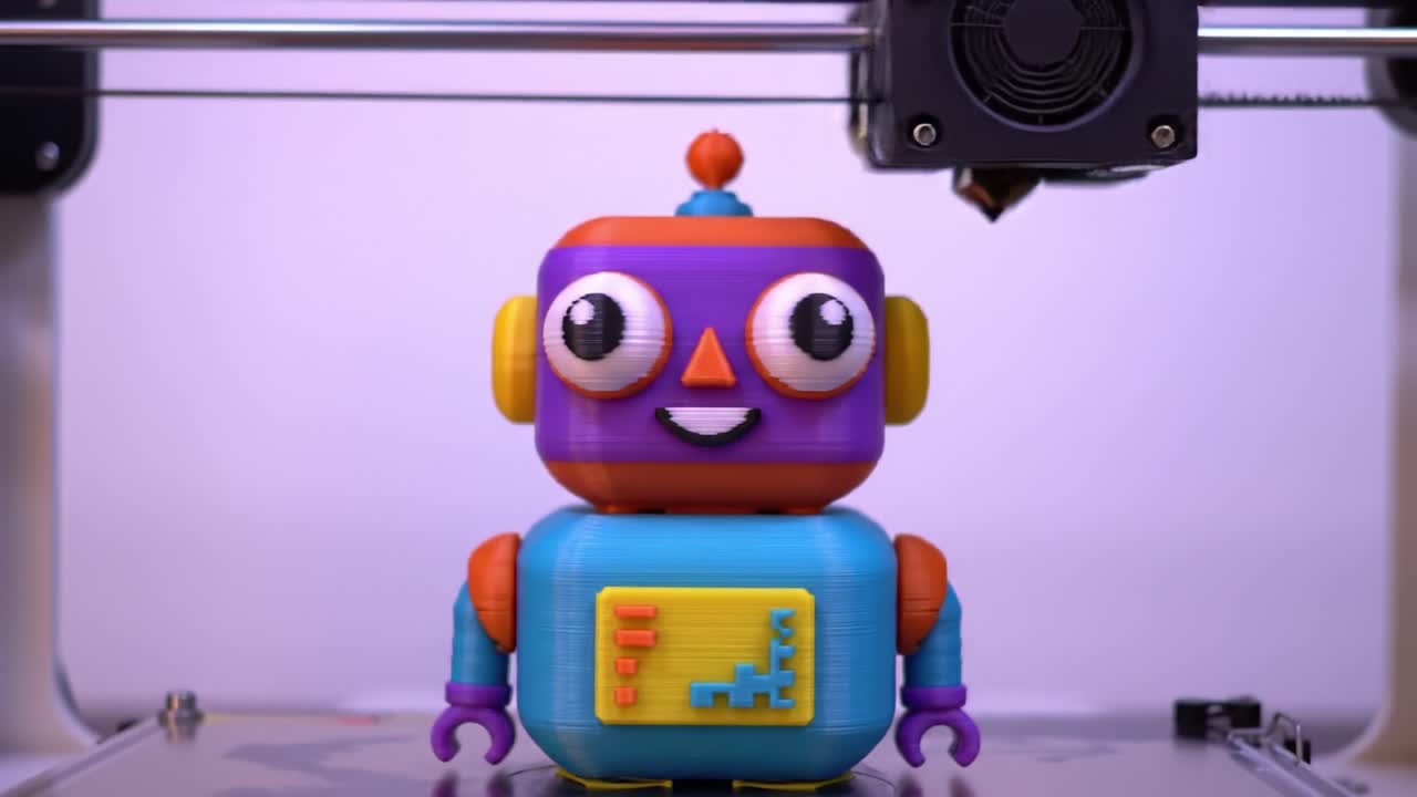 A Colorful 3D-Printed Robot Toy Undergoing Manufacturing Process in a Modern 3D Printer, Capturing the Excitement of Innovative Technology and Design.