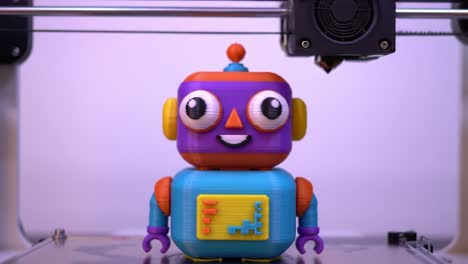 a colorful 3d-printed robot toy undergoing manufacturing process in a modern 3d printer, capturing the excitement of innovative technology and design.