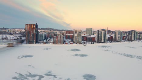 aerial view of finnish city in beautiful soft winter light