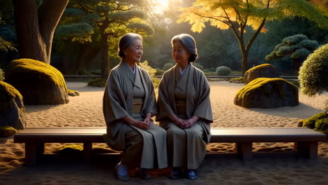 two elderly women in traditional attire sitting in a tranquil japanese garden at sunset
