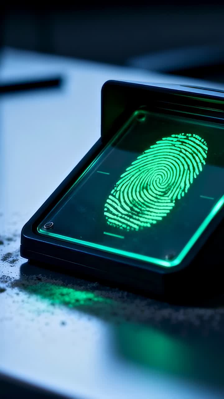 Vertical video: Displaying scanner powering on at bench, casting neon-green print over powder
