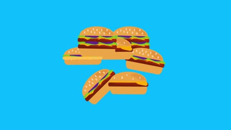 animación en stop motion de hamburguesas, diseño gráfico plano, tecla de croma de pantalla azul