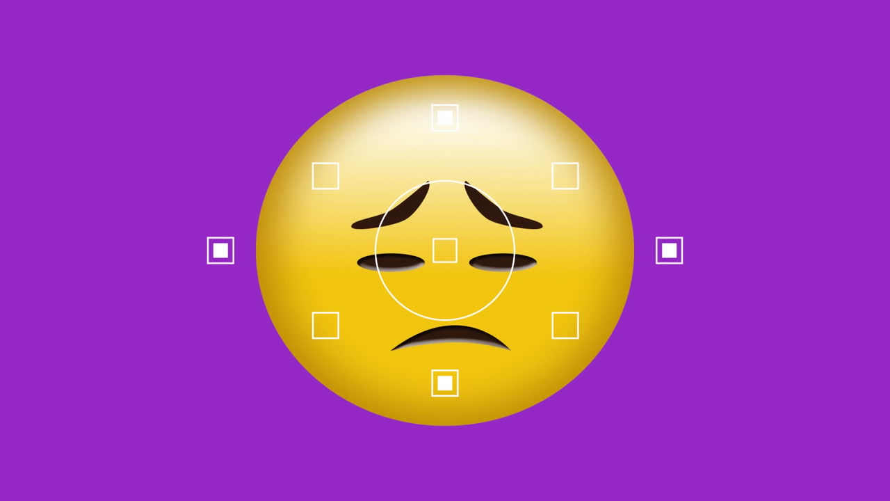 animação de emoji triste sobre o visor em fundo roxo