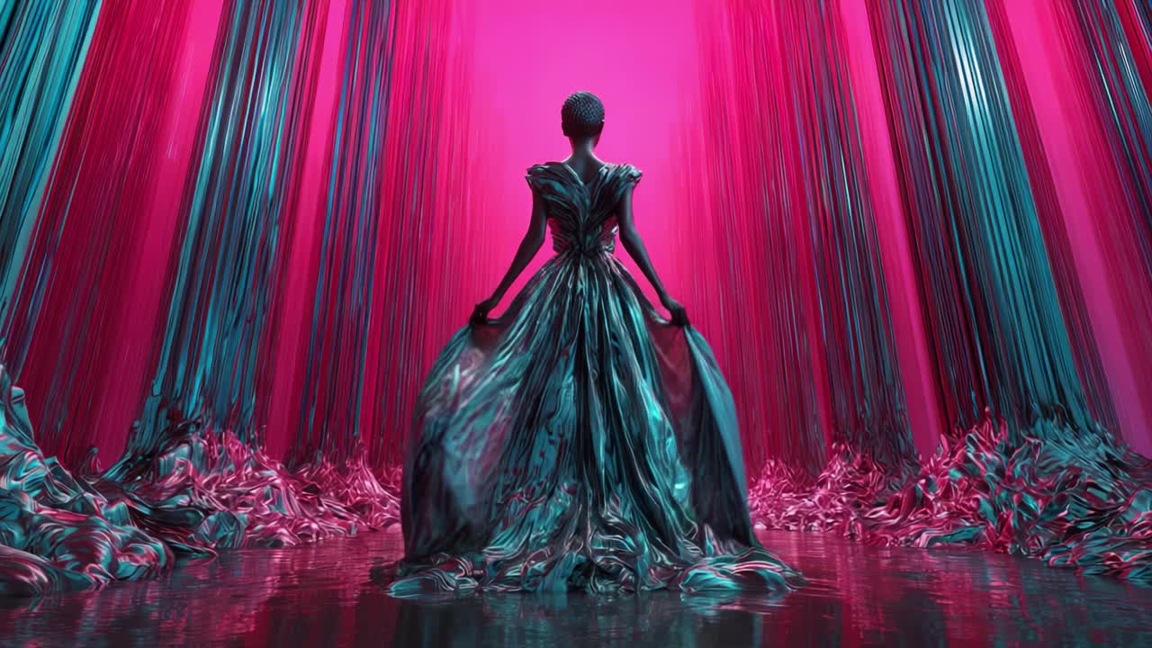 Futuristisk modemodel i pink omgivelser