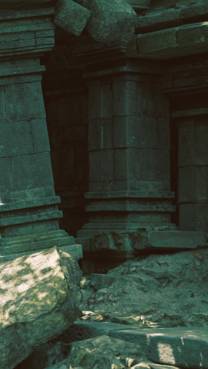 Antiguos pilares de piedra se alzan en un templo olvidado envuelto en misterio