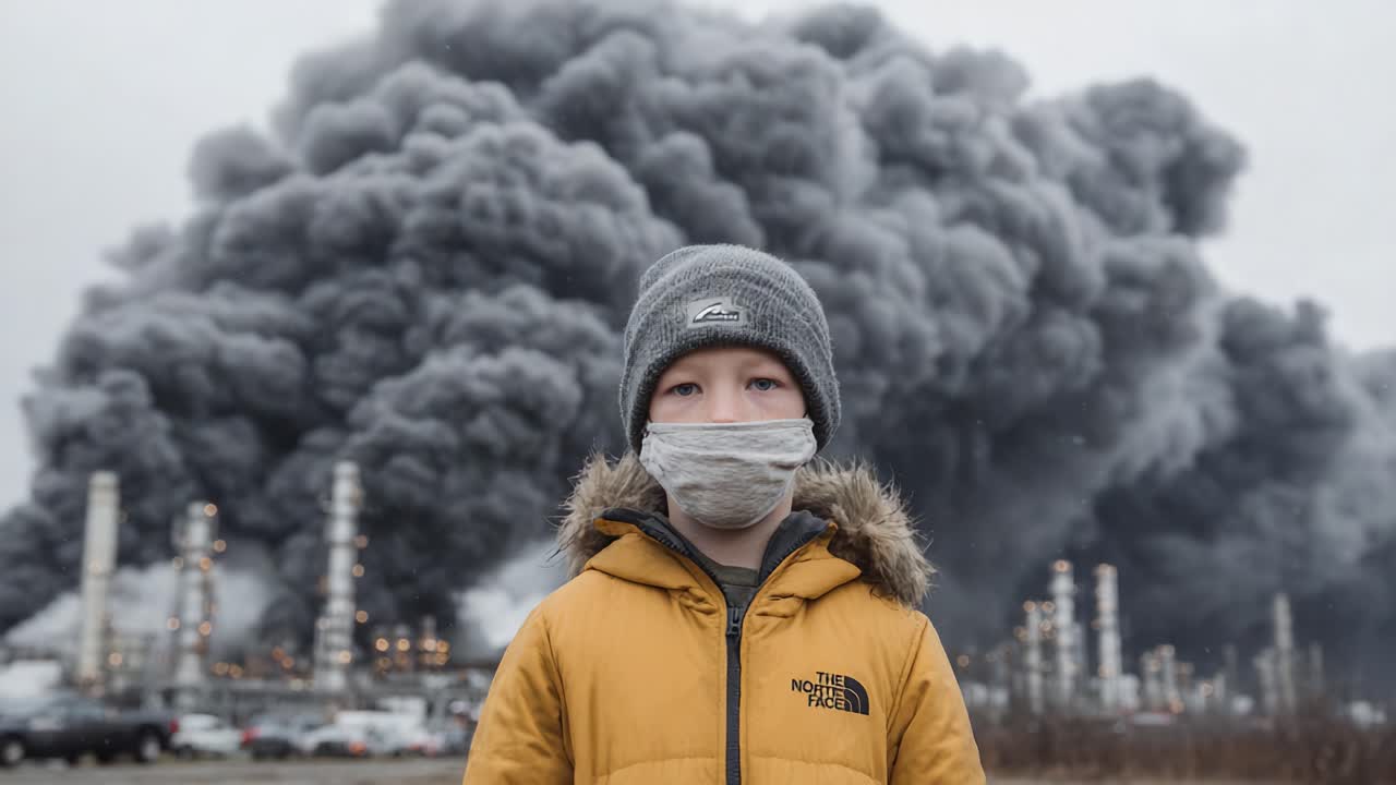 Uma Criança Preocupada em Meio a um Ambiente Cheio de Fumaça: Uma Reflexão Sobre a Poluição e os Impactos das Mudanças Climáticas nas Gerações Futuras