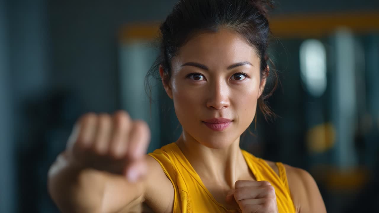 Impulso a la acción: una experta artista marcial mostrando sus habilidades con fuerza y precisión determinadas en un entorno de entrenamiento