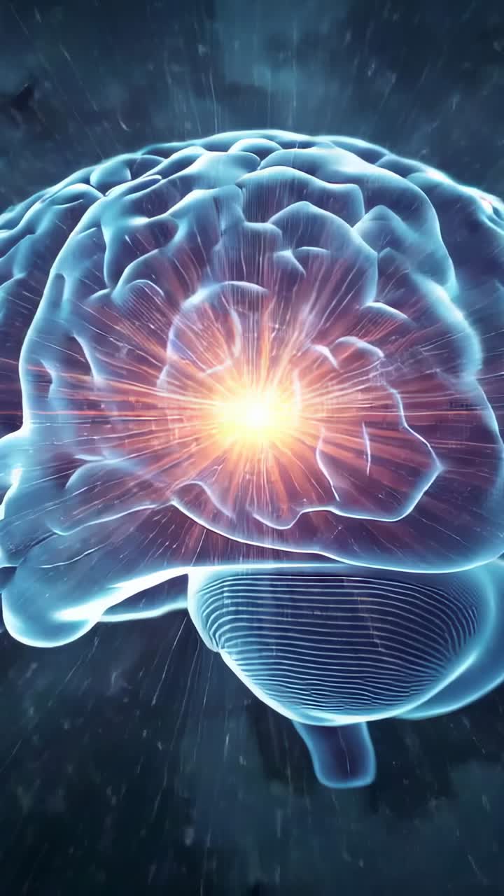 Video verticale: rendering in 3D di un cervello digitale blu elettrico che ruota in un cielo stellato, con il nucleo che emette raggi