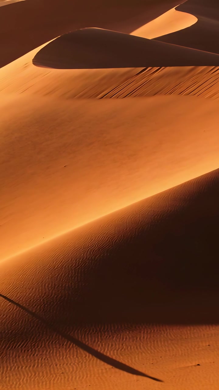 Video verticale: Telecamera che panoramica rivelando la cresta di una duna di sabbia nella luce del deserto, mostrando increspature e ombra