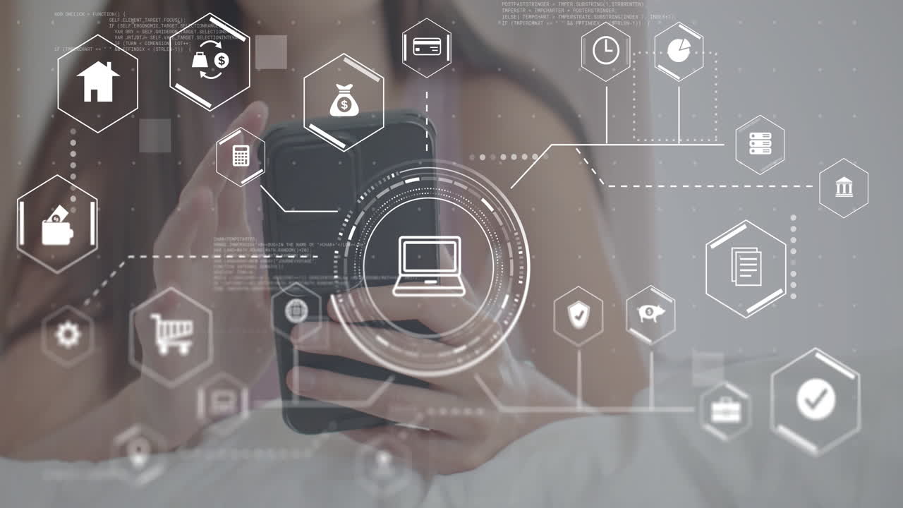 con teléfono inteligente, mujer rodeada de iconos digitales y animación de procesamiento de datos