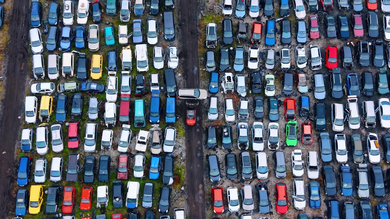 Biler i dagslys på en stor parkeringsplads. Mange biler er parkeret tæt sammen på pladsen. Scenen viser en række forskellige farver og typer af køretøjer.