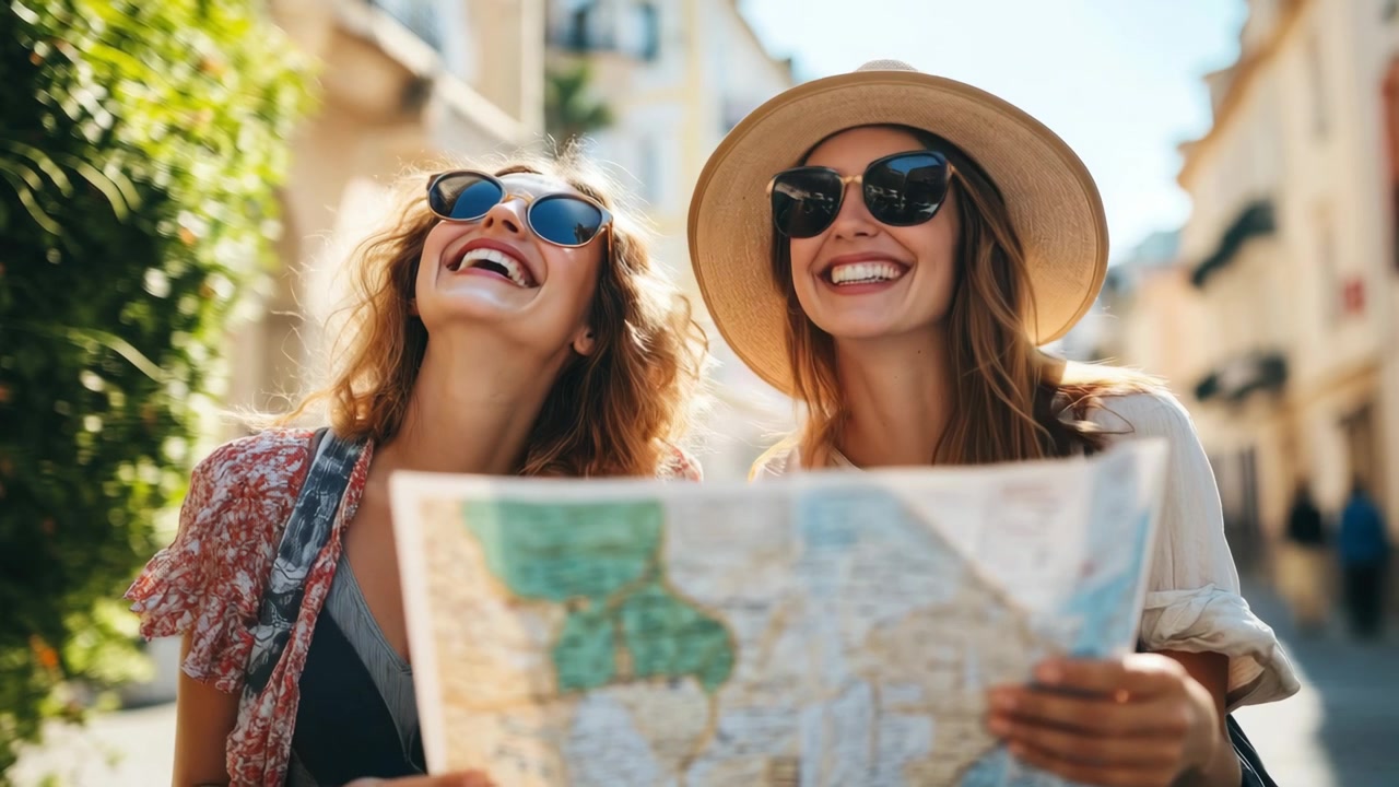Jovens felizes rindo e explorando a cidade com um mapa