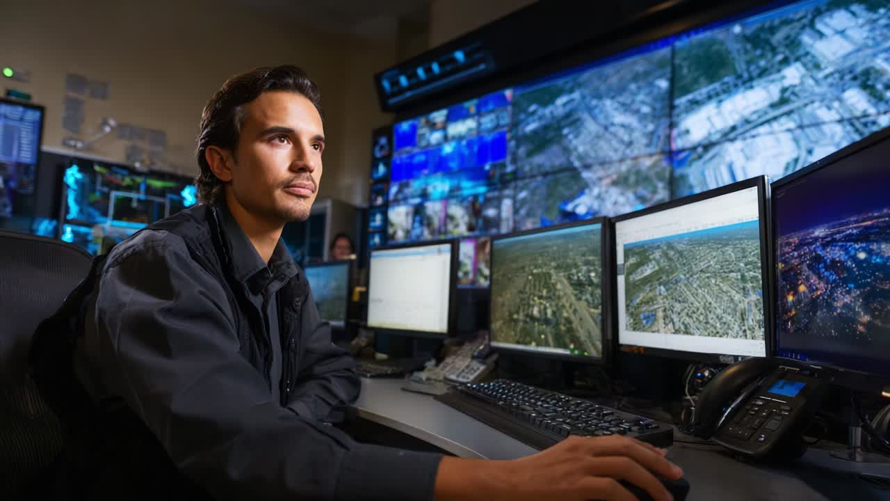 Focused Technician Analyzing Data in a High-Tech Monitoring Center with Multiple Screens Displaying Geographic Views, Ensuring Efficient Operations and Real-Time Observations in a Dynamic Environment
