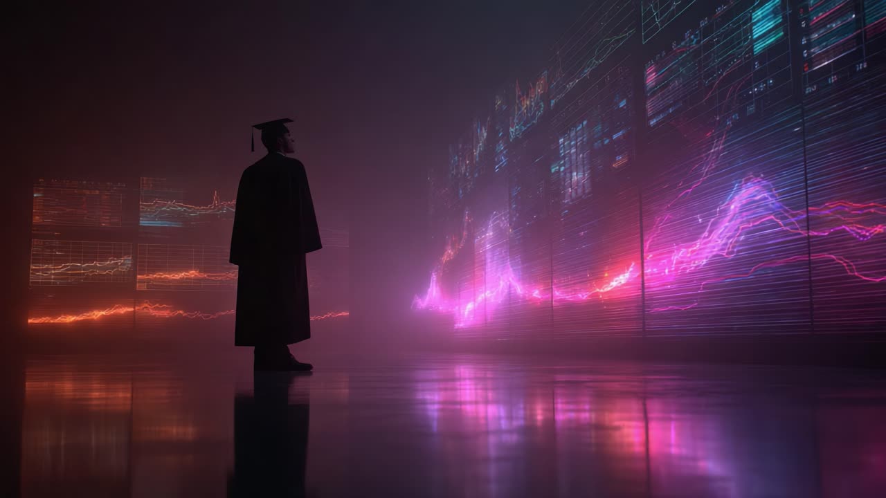 A Graduate Standing in Awe Before Vibrant Data Visualizations, Emphasizing the Intersection of Education and Technology in a Future-Driven World