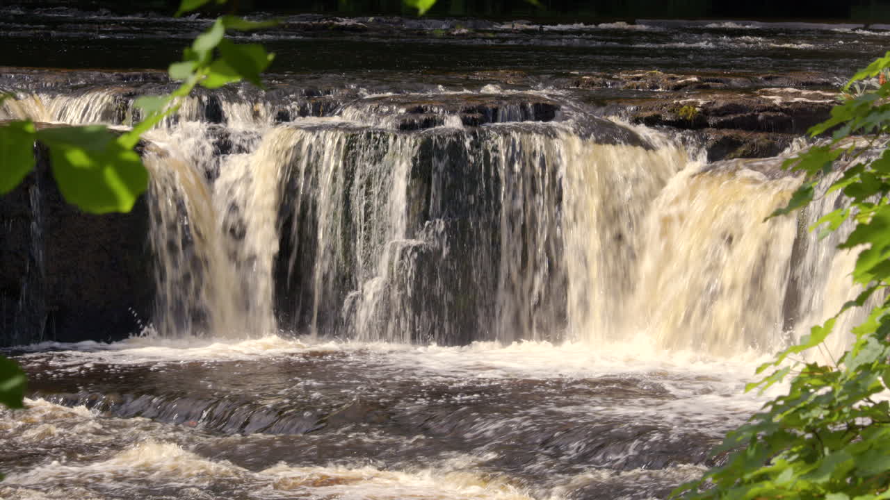 a mitad de tiro mirando a través de los árboles de las cataratas superiores en aysgarth cae en el río ure, yorkshire dales