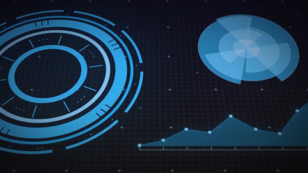 Animation of interface with round scanner and statistical data processing against black background