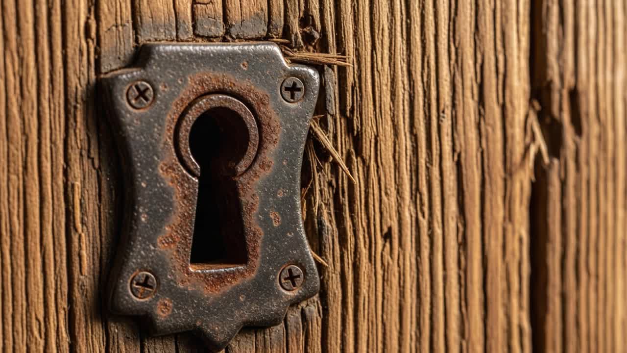 Exploring the Intricacies of an Old Keyhole: A Detailed Look at the Rustic Charm and Unique Textures of Vintage Wood and Iron Elements in Architecture