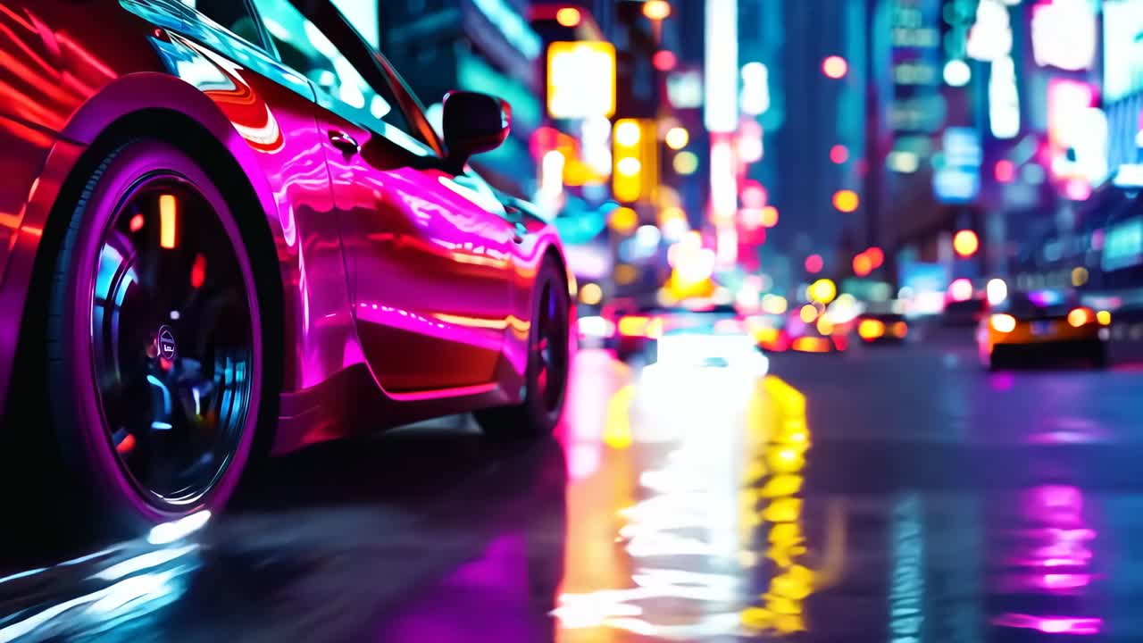 밤에 도시 거리를 따라 운전하는 두 대의 자동차