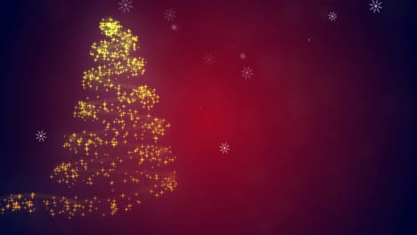 Snowflakes-falling-on-glowing-Christmas-trees-against-red-background