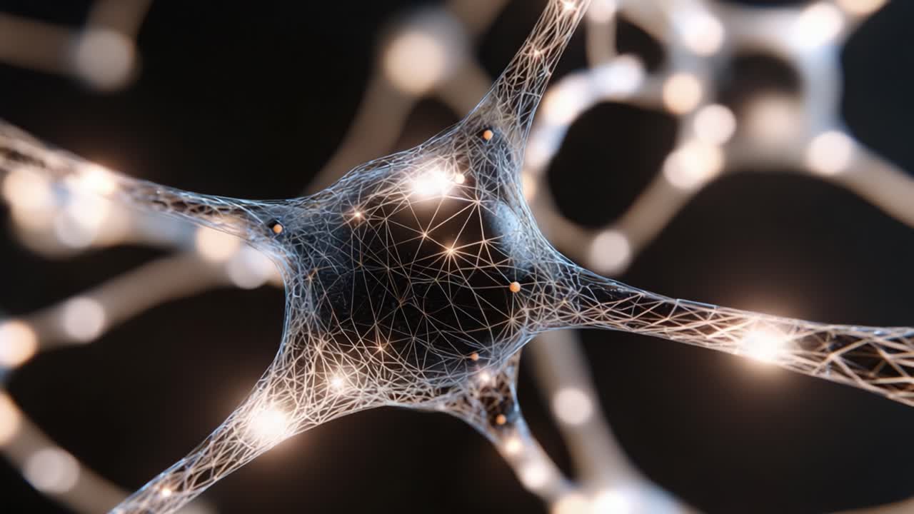 Exploring the Intricate Connections of Neural Networks: A Close-Up of Neurons with Illuminated Nodes and Intertwined Structures in a Dark Background