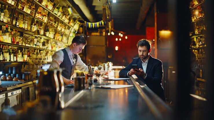 Uomo elegante seduto in un pub che guarda i messaggi sul cellulare. Cliente che sceglie una bevanda