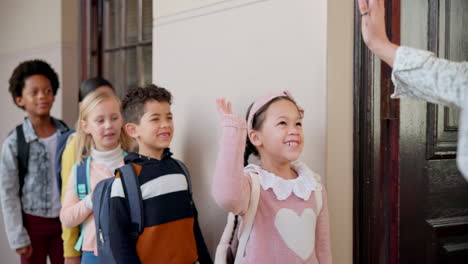 School,-high-five-and-children-greeting-teacher