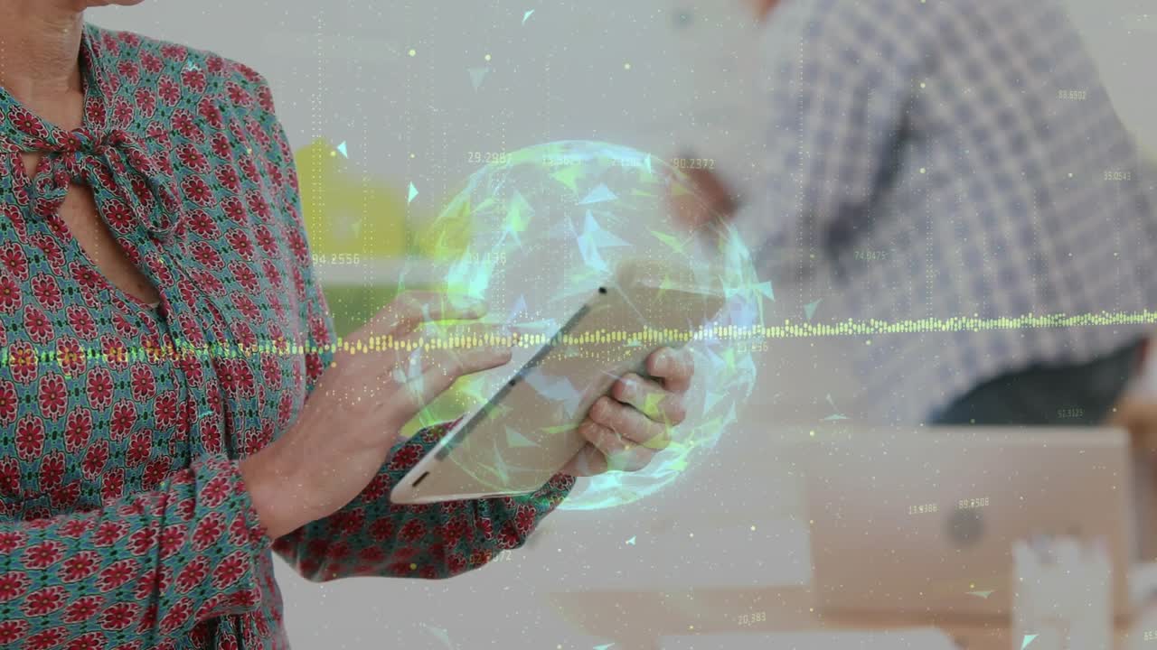 Woman tapping tablet starting AR globe pulsing and rotating while swiping to show audio waveform