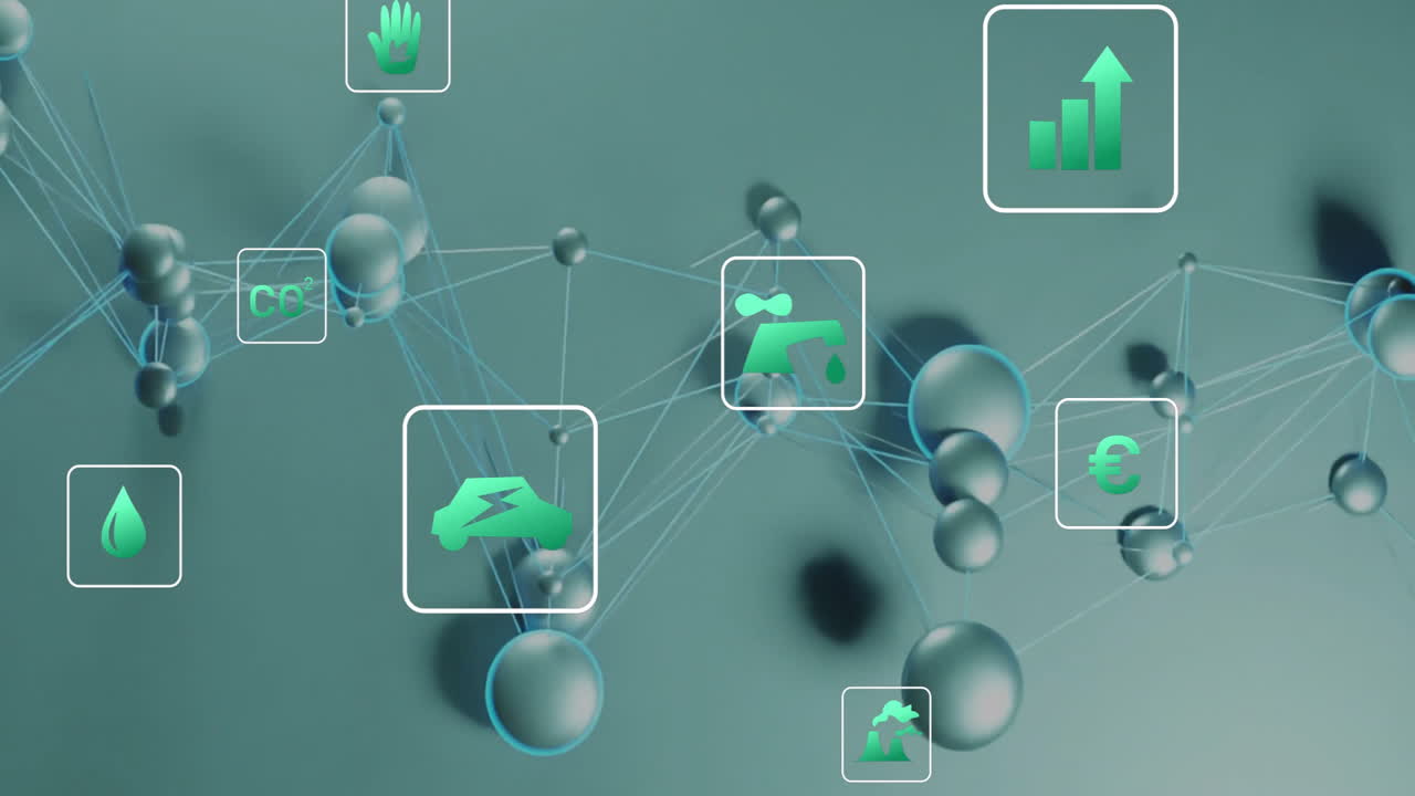 Animation of eco icons over network of connections on green background