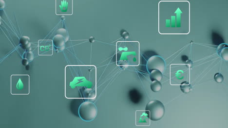 animation of eco icons over network of connections on green background