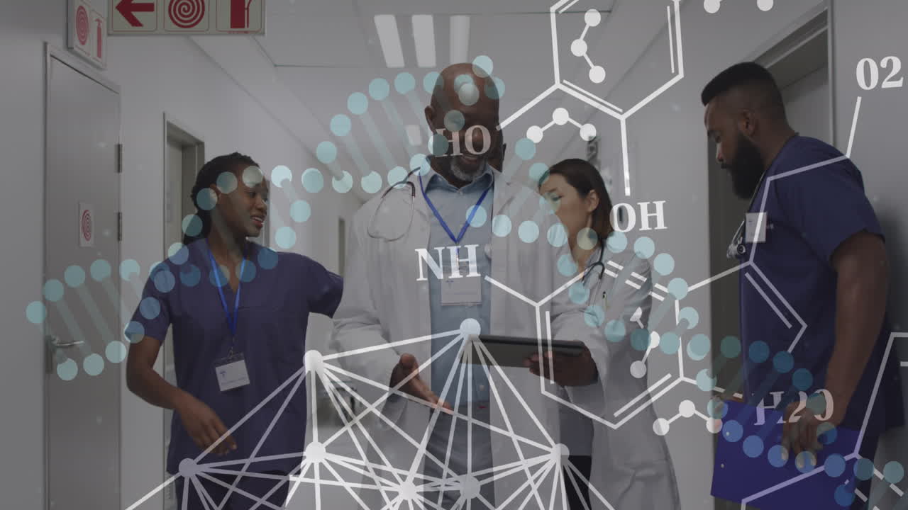 animación de la cadena de adn y procesamiento de datos en diversos médicos