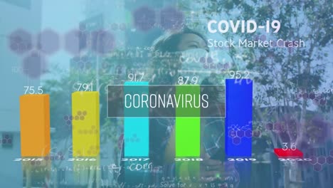 Animation-Der-Datenverarbeitung-Von-Covid-19-über-Statistiken-Und-Frau-Mit-Gesichtsmaske