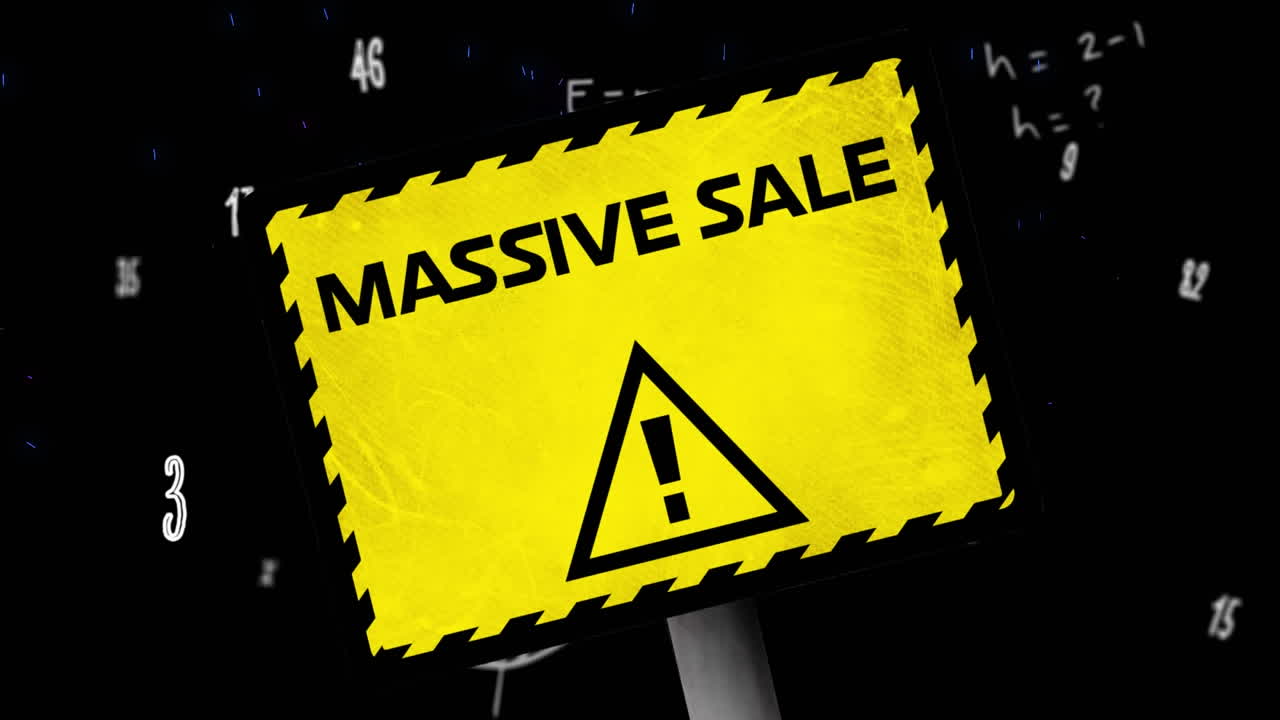 노란색 경고 표지판에 거대한 판매 텍스트의 애니메이션, 데이터 처리, 검은색 배경