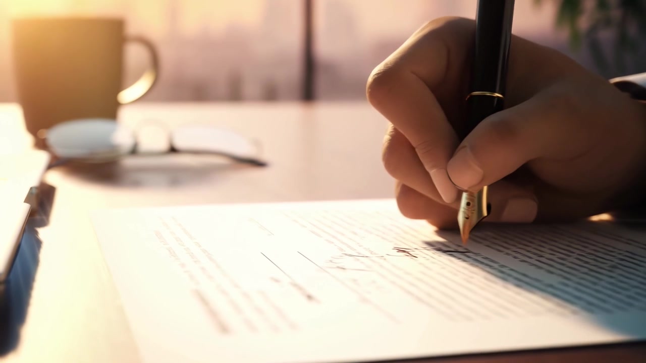 Close-up of a Hand Signing a Business Document with a Fountain Pen
