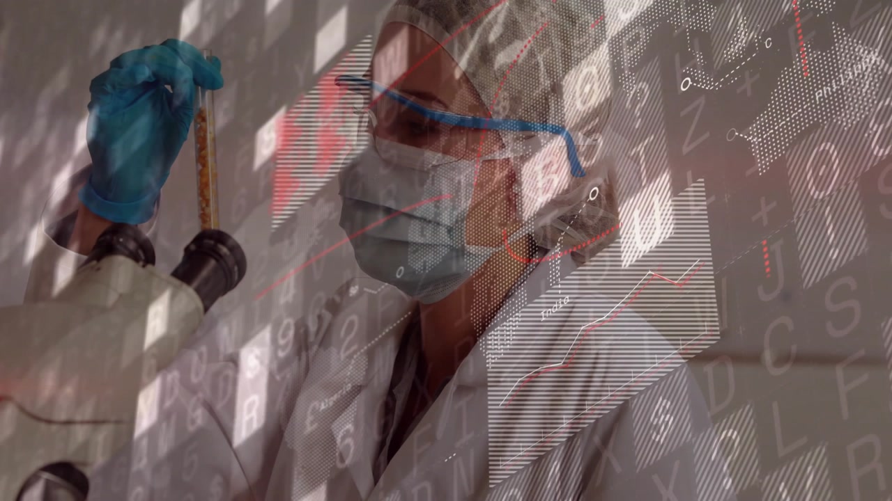 Female scientist examining test tube in lab, presenting digital graphs and molecular data