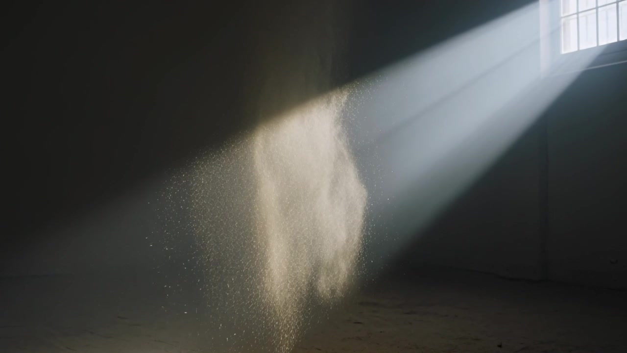 Sol radiante entrando por uma janela gradeada, iluminando uma coluna vertical de poeira em um armazém, revelando partículas em suspensão.