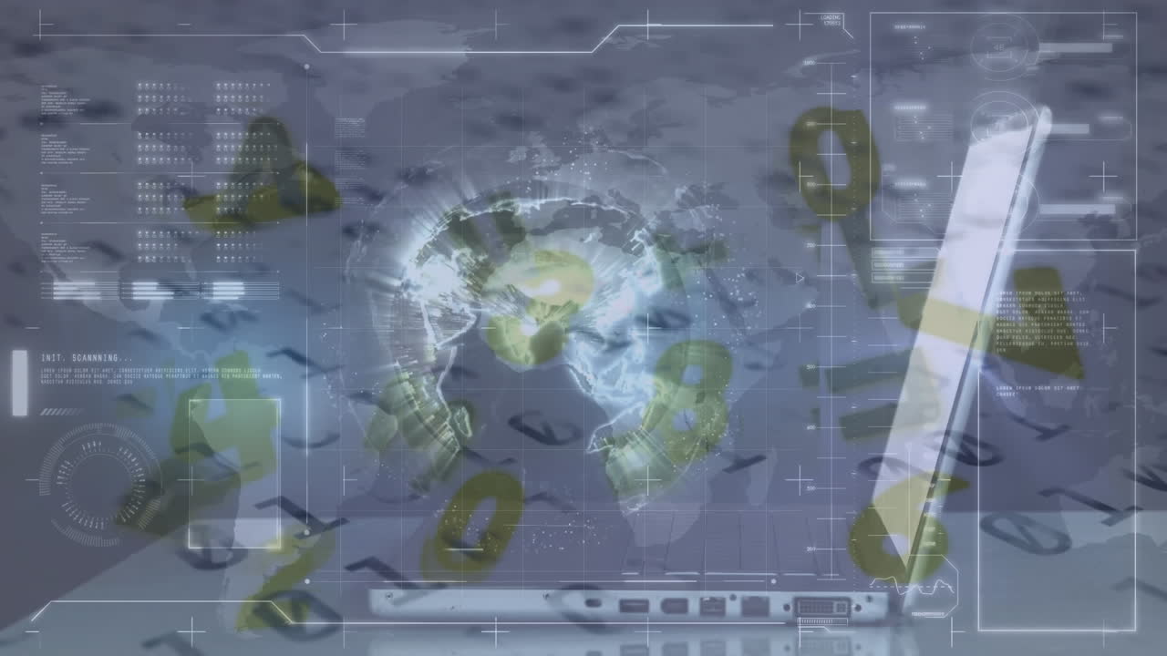 Animation of globe with network of connections over binary coding and laptop