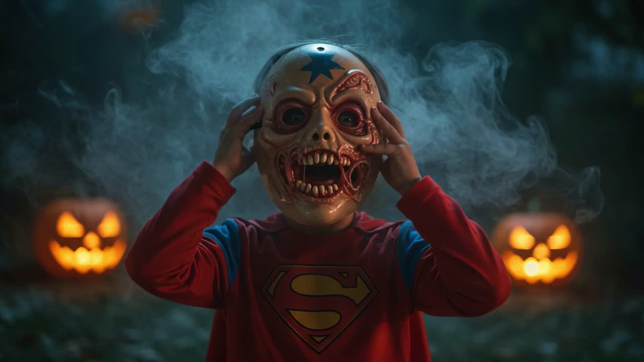 A Chilling Transformation: A Child in a Skull Mask Surrounded by Eerie Pumpkins and Mist During Halloween Celebrations, Evoking Spooky Festivities and Magic