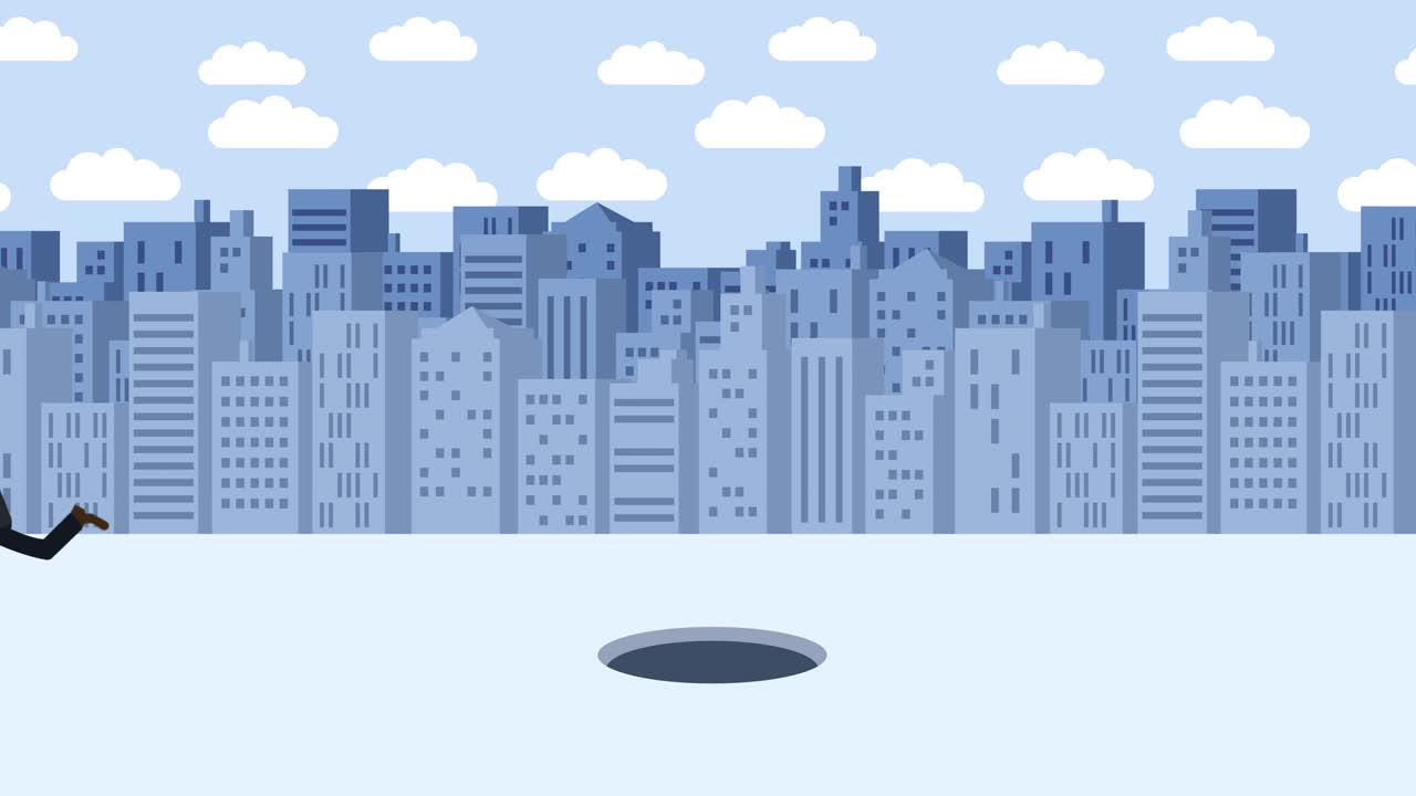 Business man jump over the hole. Background of buildings. Risk concept. Loop illustration in flat style.