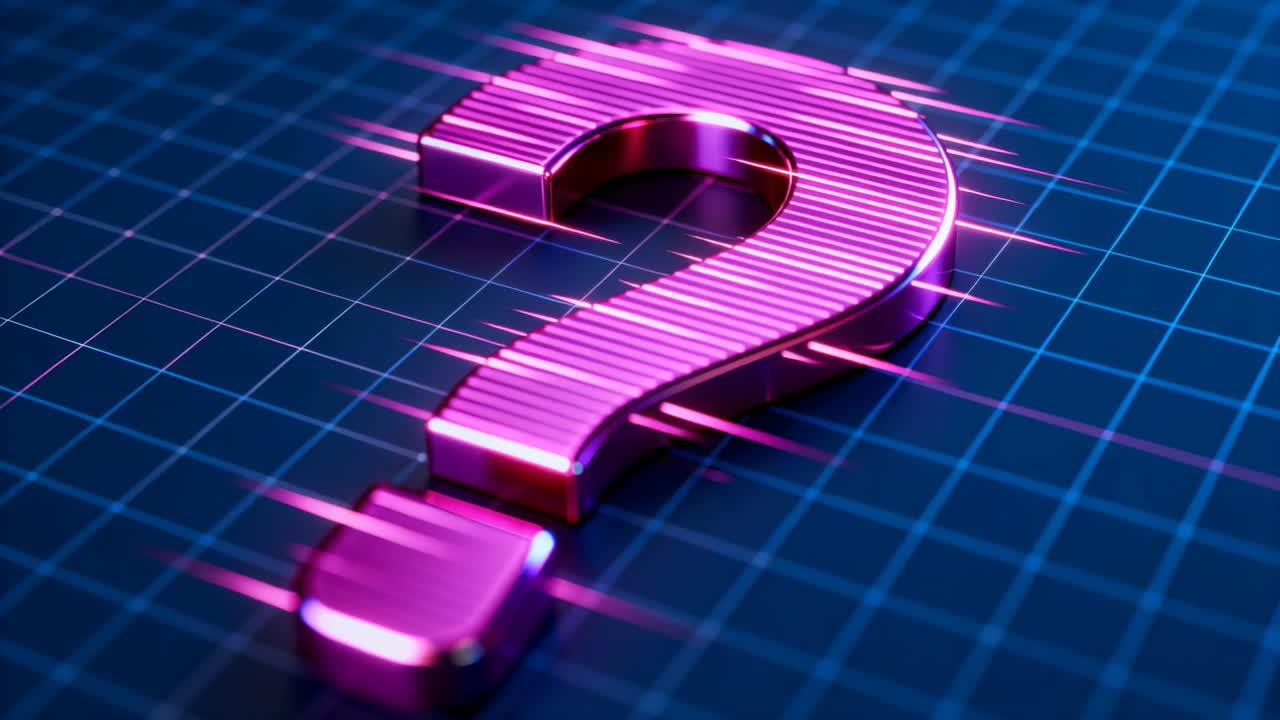 Moving camera and pink streaks revealing metal magenta question-mark over blue grid, showing ridges