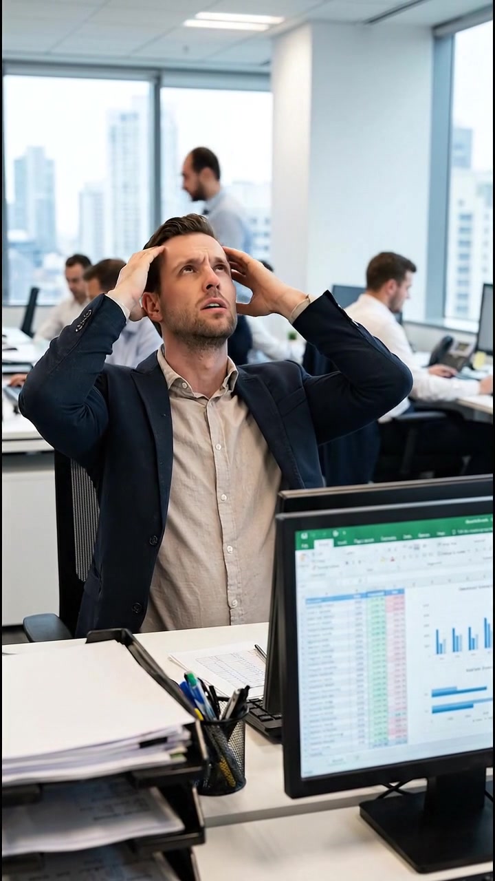 Stressed Businessman Rubbing Temples at Desk in Busy Office