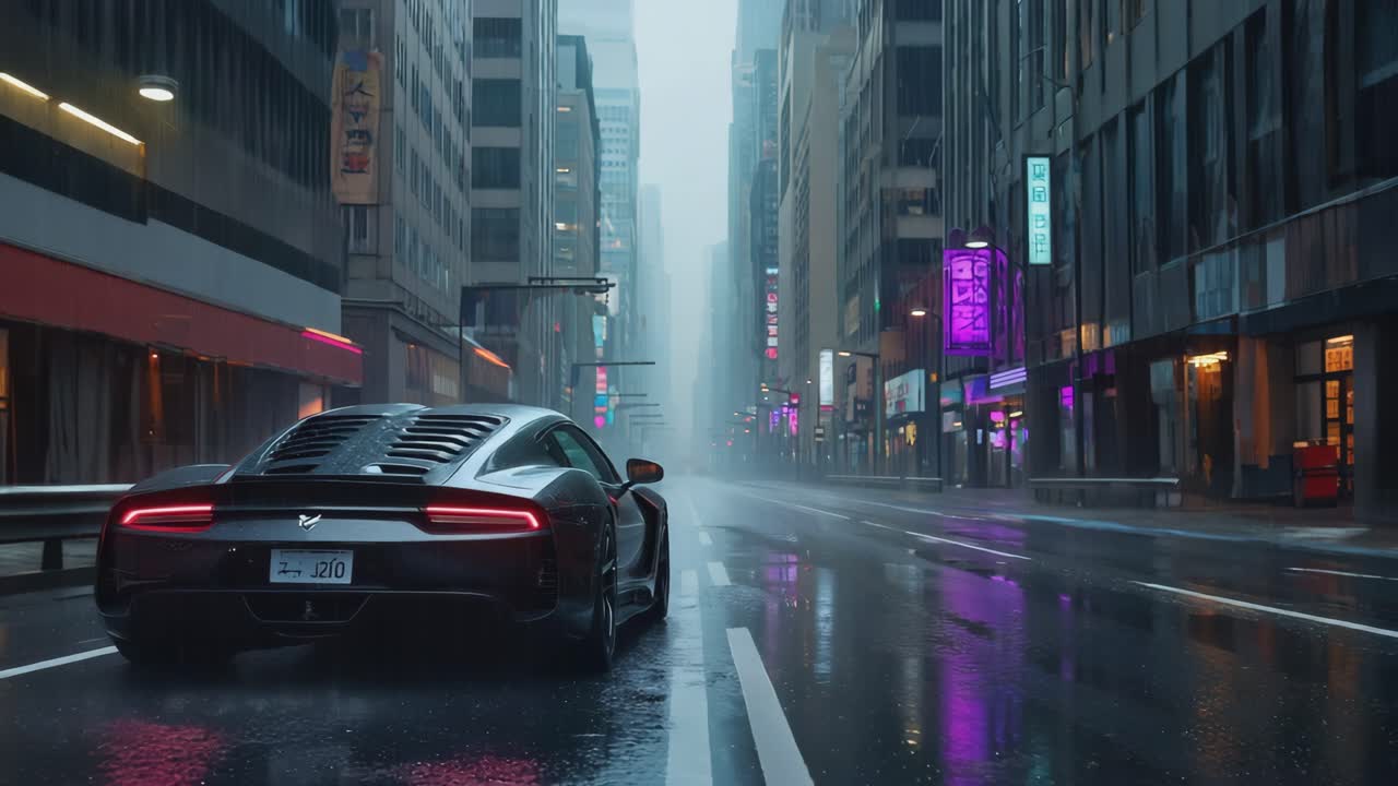 Sports Car on a Rainy City Street at Night