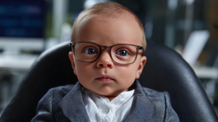 Un bambino affascinante con gli occhiali siede con sicurezza su una sedia elegante, sfoggiando un outfit alla moda e un'espressione saggia che smentisce la sua giovane età.