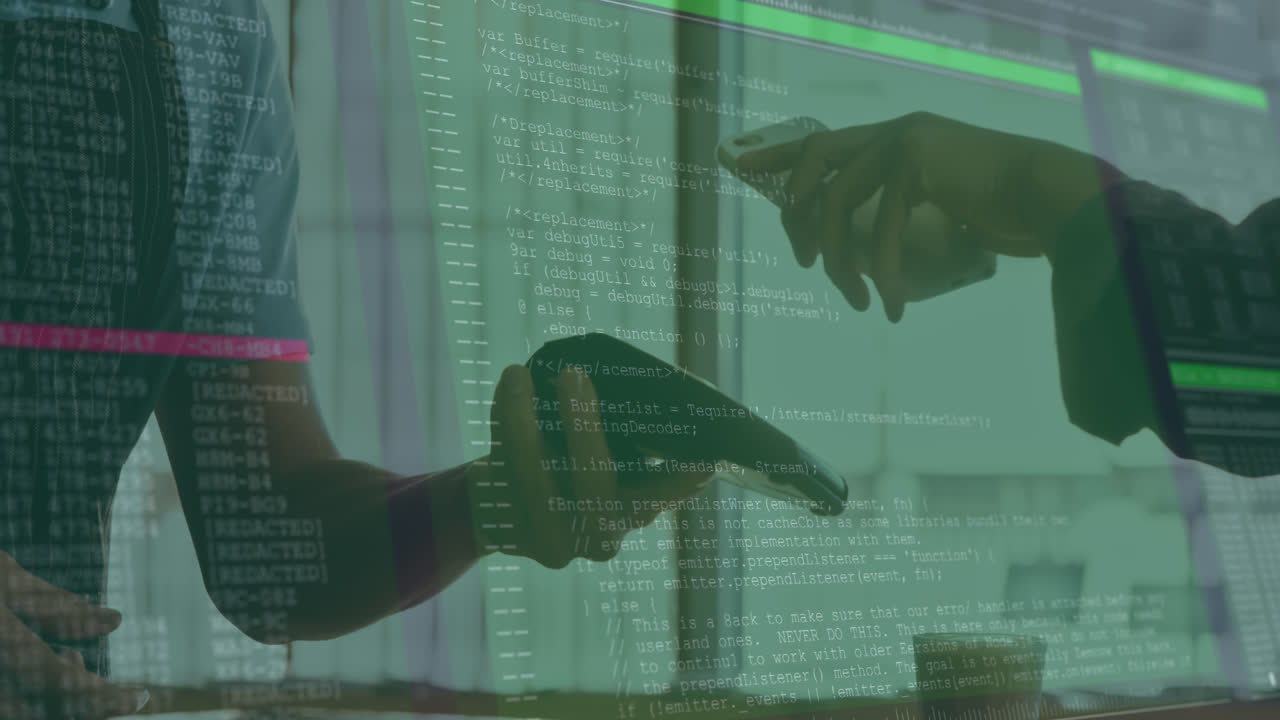 컴퓨터 화면에서 데이터 처리의 애니메이션, 스마트폰으로 비접촉 결제를 하는 사람