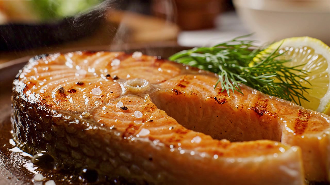 Bistecca di salmone alla griglia con limone fresco e un rametto di aneto